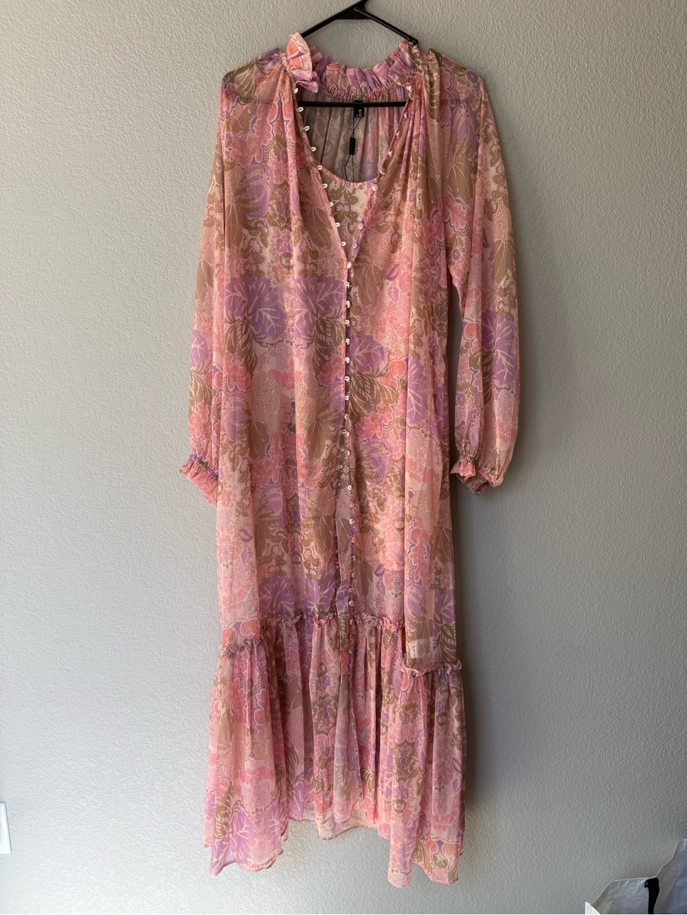 NWT Beulah Floral Sheer Maxi Dress Button Front Tiered Long Sleeve - Small